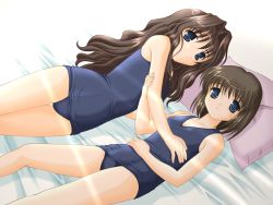Rule 34 | 2girls, bed, black hair, blue eyes, breasts, brown hair, duplicate, flat chest, kanon, long hair, misaka kaori, misaka shiori, multiple girls, one-piece swimsuit, open mouth, pillow, school swimsuit, short hair, small breasts, smile, swimsuit