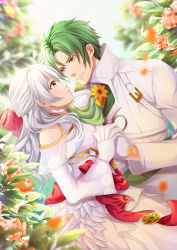 Rule 34 | 1boy, 1girl, absurdres, bangle, bare shoulders, bow, bracelet, bride, couple, detached sleeves, dress, fire emblem, fire emblem: radiant dawn, fire emblem heroes, flower, frills, gloves, green eyes, green hair, grin, hair bow, half updo, highres, jewelry, long hair, long sleeves, looking at another, micaiah (fire emblem), nintendo, silver hair, sleeveless, sleeveless dress, smile, sothe (fire emblem), tuxedo, vaniraaa, wedding, wedding dress, white dress, white gloves, yellow eyes
