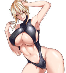 Rule 34 | 1girl, absurdres, armpits, artoria pendragon (fate), artoria pendragon (lancer alter) (fate), bare arms, bare shoulders, blonde hair, breasts, closed mouth, covered erect nipples, cowboy shot, fate/grand order, fate (series), highleg, highleg leotard, highres, horns, kisaragi tsurugi, large breasts, leotard, looking at viewer, navel, short hair, simple background, smile, solo, stomach, white background, yellow eyes