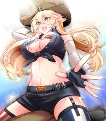 Rule 34 | 10s, 1girl, american flag bikini, american flag print, asymmetrical legwear, bare shoulders, belt, belt buckle, bikini, bikini top only, blonde hair, blue eyes, breasts, buckle, cleavage, cowboy hat, cowboy shot, fingerless gloves, flag print, garter straps, gloves, hat, iowa (kancolle), kantai collection, large breasts, long hair, mismatched legwear, navel, open mouth, primary stage, print bikini, shorts, smile, solo, star-shaped pupils, star (symbol), striped clothes, striped thighhighs, swimsuit, symbol-shaped pupils, thighhighs, vertical-striped clothes, vertical-striped thighhighs