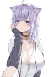 Rule 34 | 1girl, :3, absurdres, ahoge, animal collar, animal ear fluff, animal ears, bad id, bad pixiv id, blue hair, breasts, button gap, cat ears, cat girl, cleavage, closed mouth, collar, collarbone, collared shirt, colored inner hair, diagonal bangs, dress shirt, hand on own cheek, hand on own face, highres, hololive, huge breasts, jacket, jacket partially removed, knees, light blush, long sleeves, looking at viewer, loose neck ribbon, medium hair, multicolored hair, nail polish, naked shirt, neck ribbon, nekomata okayu, nekomata okayu (oversized shirt), no bra, open clothes, open jacket, partially unbuttoned, purple eyes, purple hair, purple nails, purple ribbon, renge (730), ribbon, shirt, simple background, sitting, smile, solo, two-tone hair, upper body, virtual youtuber, white background, white shirt
