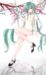 Rule 34 | 1girl, absurdly long hair, absurdres, aqua eyes, branch, breast cutout, china dress, chinese clothes, cleavage cutout, clothing cutout, commentary, dress, flower, full body, hair flower, hair ornament, hatsune miku, high heels, highres, holding, holding own hair, leg up, long hair, looking at viewer, pink flower, reflection, shaohua hatsune miku, smile, solo, tsuyuri eri, twintails, very long hair, vocaloid, white background, white dress