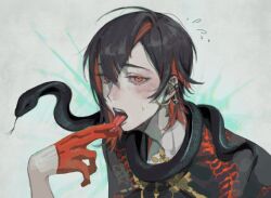 Rule 34 | 1boy, animal, animal around neck, black hair, chenyao4444444, earrings, finger on tongue, gloves, jewelry, looking at viewer, male focus, multicolored hair, nu carnival, open mouth, red eyes, red hair, short gloves, short hair, snake, snake on shoulder, sweatdrop, teeth, tongue, tongue out, upper teeth only, white background, yakumo (nu carnival)