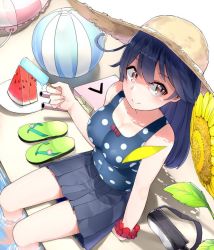Rule 34 | 10s, 1girl, ahoge, arm at side, bad id, bad pixiv id, ball, bare legs, bare shoulders, beachball, black skirt, blue hair, blue one-piece swimsuit, blush, bow, breasts, brown hat, cannon, casual one-piece swimsuit, closed mouth, collarbone, dripping, flower, food, fruit, goggles, hat, holding, holding food, innertube, kantai collection, long hair, looking at viewer, looking up, machinery, medium breasts, melting, one-piece swimsuit, petals, pleated skirt, polka dot, polka dot swimsuit, pool, popsicle, purple eyes, red bow, sandals, scrunchie, sitting, skirt, soaking feet, solo, strawberry, sun hat, sunflower, suzuharu toufu, swim ring, swimsuit, turret, unworn goggles, unworn sandals, ushio (kancolle), very long hair, watermelon, watermelon seeds, wrist scrunchie