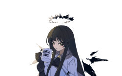 Rule 34 | 1girl, arknights, arturia (arknights), black gloves, black hair, black wings, brown eyes, closed mouth, cup, dark halo, gloves, halo, hand up, highres, holding, holding cup, long hair, looking at viewer, mug, sidelocks, simple background, smile, solo, very long hair, white background, wings, xity