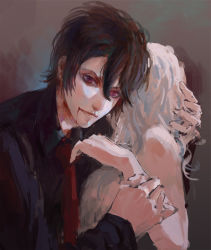 Rule 34 | 10s, 1boy, 1girl, black hair, blood, collared shirt, curly hair, diabolik lovers, hand on another&#039;s head, holding another&#039;s wrist, komori yui, looking at viewer, necktie, open mouth, red eyes, sakamaki reiji, shirt, simple background, sleeveless, sleeveless shirt, upper body, vampire, white hair, xipann