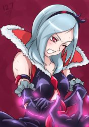 Rule 34 | 00s, 1girl, albino, armlet, black gloves, bracelet, chocokin, clenched teeth, cowboy shot, dated, eas (fresh precure!), elbow gloves, fresh precure!, gloves, grey hair, hairband, higashi setsuna, jewelry, one eye closed, popped collar, precure, red background, red eyes, short hair, signature, solo, teeth
