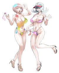 Rule 34 | :d, akisora, ando ruruka, bare shoulders, bikini, blunt bangs, braces, breasts, center opening, collarbone, condom, condom belt, condom in clothes, cross piercing, cum as fashion, danganronpa (series), danganronpa 3 (anime), female pubic hair, flipped hair, flower, full body, grey hair, hair flower, hair ornament, hair over one eye, hand up, high heels, highres, holding, holding condom, jewelry, kimura seiko, large areolae, leg up, navel, navel piercing, necklace, nipples, one-piece swimsuit, one eye closed, open mouth, piercing, pink bikini, pink flower, pink hair, pubic hair, sandals, shiny skin, short hair, smile, swimsuit, teeth, used condom, visor cap, yellow one-piece swimsuit