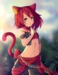 Rule 34 | 1girl, animal ears, armlet, bandeau, belt, black pants, black vest, blurry, bow, bush, cat ears, cat tail, closed mouth, collarbone, cowboy shot, depth of field, facepaint, hair over shoulder, hand on own hip, hyanna-natsu, index finger raised, leaf, light particles, looking at viewer, midriff, navel, open clothes, open vest, original, outdoors, pants, plant, red bow, red hair, short hair, smile, solo, standing, stomach, tail, tareme, vest, yellow eyes