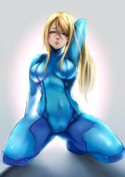 Rule 34 | 1girl, blonde hair, blue eyes, breasts, covered navel, covered erect nipples, highres, long hair, looking at viewer, medium breasts, metroid, nintendo, parted lips, samus aran, solo, squatting, zero suit