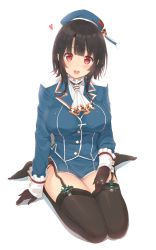 Rule 34 | 10s, 1girl, :d, beret, black gloves, black hair, black thighhighs, blunt bangs, blush, breasts, female focus, garter straps, gloves, hat, highres, kagerou (shadowmage), kantai collection, large breasts, looking at viewer, military, military uniform, open mouth, red eyes, seiza, short hair, simple background, sitting, smile, solo, takao (kancolle), thighhighs, thighs, uniform, wariza, white background