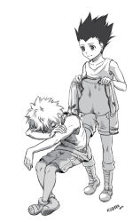 Rule 34 | 2014, 2boys, closed eyes, gon freecss, greyscale, hunter x hunter, invisible chair, jacket, killua zoldyck, male focus, monochrome, multiple boys, shoes, shorts, shougin, signature, sitting, sleeping, smile, sneakers, spiked hair, tank top
