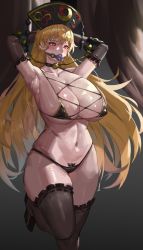 Rule 34 | 1girl, absurdres, armpits, bdsm, blonde hair, bondage, bound, bra, breasts, crescent, elbow gloves, female pubic hair, gloves, heart, heart-shaped pupils, highres, junko (touhou), large breasts, long hair, oreomanko, panties, phoenix crown, pubic hair, red eyes, solo, symbol-shaped pupils, thighhighs, touhou, underwear
