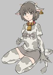 Rule 34 | 1girl, animal ears, animal print, ayase fuuka, clothes writing, cow ears, cow horns, cow print, cow print gloves, cow print thighhighs, cow tail, cowbell, ear tag, elbow gloves, facing viewer, fake animal ears, fake horns, full body, gloves, grey background, highres, horns, looking at viewer, miniskirt, neck bell, no shoes, outline, pantsu-ripper, pencil skirt, print gloves, print thighhighs, short hair, simple background, sitting, skirt, tagme, tail, thighhighs, wariza, white outline, yotsubato!, zettai ryouiki