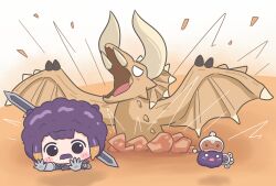 Rule 34 | absurdres, afro, alternate costume, armor, blush stickers, chibi, commentary, diablos, english commentary, facial hair, fang, highres, hololive, hololive english, horns, monster hunter, monster hunter: world, monster hunter (series), mpien, mustache, ninomae ina&#039;nis, o o, open mouth, orange hair, purple hair, smile, sword, takodachi (ninomae ina&#039;nis), tentacle hair, virtual youtuber, weapon