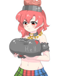 Rule 34 | 1girl, bare shoulders, blush, breast hold, breast padding, breasts, chain, choker, commentary request, cowboy shot, crop top, detached sleeves, gold chain, hecatia lapislazuli, kieeyo, large breasts, looking down, medium hair, midriff, multicolored clothes, multicolored skirt, navel, puffy detached sleeves, puffy sleeves, red eyes, red hair, simple background, skirt, solo, touhou, wavy mouth, white background
