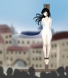 Rule 34 | 1girl, asphyxiation, blush, hanged, nipples, public indecency, pussy, restrained, rope, see-through, tagme