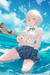 Rule 34 | 1girl, blue bow, blue bowtie, blue bra, blue skirt, blue sky, blush, borrowed character, bow, bowtie, bra, bra visible through clothes, breasts, cirilla lin, cloud, collared shirt, day, grin, hair ornament, highres, long sleeves, looking at viewer, medium breasts, nacchan (ohisashiburi), original, outdoors, pink eyes, see-through, shirt, short hair, sitting, skirt, sky, smile, solo, underwear, wet, wet clothes, wet shirt, white hair, white shirt