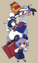 Rule 34 | 3girls, absurdres, animal ears, black eyes, black hair, blue hair, blush, breasts, brown background, candy, chocolate, chocolate bar, closed mouth, commentary request, cookie (touhou), fake animal ears, flat chest, flour, flour (cookie), food, full body, gigantic breasts, gram 9, green sailor collar, grey hair, grey skirt, grey vest, hair between eyes, highres, kumoi ichirin, large breasts, leotard, long sleeves, looking at viewer, medium bangs, milk (cookie), milk carton, mouse ears, mouse girl, multiple girls, murasa minamitsu, nazrin, neckerchief, nyon (cookie), open mouth, playboy bunny, rabbit pose, red eyes, red neckerchief, sailor collar, shirt, short hair, short sleeves, simple background, skirt, smile, sparkle, standing, touhou, tuxedo leotard, vest, white shirt