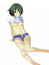 Rule 34 | 1girl, arm support, bad id, bad nicoseiga id, breasts, brown eyes, clothes lift, female focus, glasses, green hair, highres, hitori (htr t), looking at viewer, mouth hold, navel, nipples, no bra, original, shirt, shirt lift, short hair, short shorts, shorts, simple background, small breasts, solo, t-shirt, white background