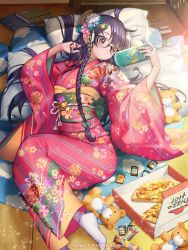 Rule 34 | 10s, 1girl, 2010, 2015, black-framed eyewear, book, braid, brown eyes, closed mouth, company name, dated, english text, floral print, food, furisode, furyou michi ~gang road~, hand in own hair, handheld game console, highres, holding, japanese clothes, kimono, long hair, lying, nail polish, obi, on back, osuk2, pillow, pizza, pizza hut, playstation portable, purple hair, sash, seigaiha, side braid, solo, stuffed animal, stuffed toy, teddy bear, very long hair, watermark, wooden floor