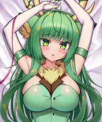 Rule 34 | 1girl, :o, animal ears, antlers, armpits, arms up, blunt bangs, blush, breasts, cleavage, elbow gloves, fur collar, gloves, green eyes, green hair, haruka karibu, highres, horns, indie virtual youtuber, kaptivate, large breasts, long hair, looking at viewer, lying, on back, parted lips, solo, upper body, virtual youtuber, white gloves