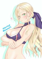 Rule 34 | 1girl, absurdres, bikini, blonde hair, blue bikini, breasts, cleavage, commentary request, french flag bikini, green eyes, hair between eyes, highres, kantai collection, long hair, looking at viewer, medium breasts, mole, mole under eye, mole under mouth, nitamako (sakamalh), one-hour drawing challenge, ponytail, richelieu (kancolle), solo, swimsuit, twitter username, upper body, white background