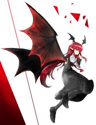 Rule 34 | 1girl, absurdres, armband, back cutout, bad id, bad pixiv id, black legwear, book, clothing cutout, demon wings, full body, head wings, highres, kankan33333, koakuma, large wings, long hair, long sleeves, looking back, pointy ears, red hair, shirt, shoes, simple background, skirt, skirt set, solo, touhou, very long hair, vest, white background, white shirt, wings