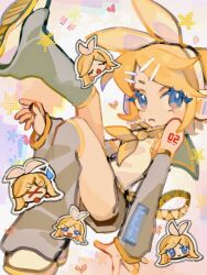 Rule 34 | 1girl, :3, ao 6336, arm support, blonde hair, blue eyes, bow, chibi, chibi inset, closed mouth, detached sleeves, frown, full body, grey shorts, grey sleeves, hair bow, hair ornament, hairclip, headset, heart, kagamine rin, knee up, leg up, leg warmers, looking at viewer, multicolored background, multiple views, number tattoo, panties, panty peek, pixel heart, pixel star, shirt, shoes, short hair, short shorts, shorts, shoulder tattoo, sitting, star (symbol), swept bangs, tattoo, underwear, v-shaped eyebrows, vocaloid, white bow, white footwear, white shirt, xo, yellow nails