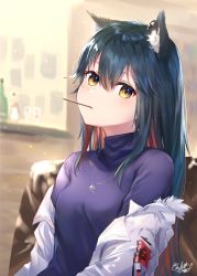 Rule 34 | 1girl, animal ear fluff, animal ears, arknights, black hair, blurry, blurry background, blush, bottle, breasts, closed mouth, commentary request, cup, depth of field, drinking glass, ear piercing, food, food in mouth, hair between eyes, highres, jacket, long hair, looking at viewer, multicolored hair, off shoulder, official alternate costume, omelet tomato, open clothes, open jacket, piercing, pocky, purple shirt, red hair, shirt, signature, sitting, small breasts, solo, streaked hair, texas (arknights), texas (winter messenger) (arknights), upper body, white jacket, wine glass, yellow eyes