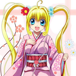 Rule 34 | 00s, beads, blonde hair, blue eyes, earrings, flower, japanese clothes, jewelry, kimono, long hair, mermaid melody pichi pichi pitch, miru, nanami lucia, solo, twintails