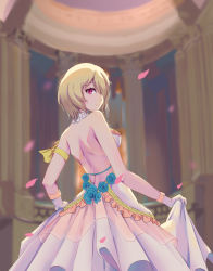 Rule 34 | 1girl, absurdres, backless dress, backless outfit, bride, clothes lift, delusion god, dress, dress lift, from behind, gloves, hair over one eye, highres, honkai (series), honkai impact 3rd, light brown hair, looking at viewer, looking back, purple eyes, rita rossweisse, short hair, smile, solo, wedding dress, white dress, white gloves