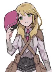 Rule 34 | 1girl, alice (rune factory), apo 518, blonde hair, closed mouth, green eyes, hand up, hat, highres, holding, holding clothes, holding hat, long hair, long sleeves, pink hat, pouch, rune factory, rune factory 5, shirt, shoulder pads, simple background, smile, solo, straight-on, unworn hat, unworn headwear, white background, white shirt