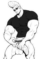 Rule 34 | 1boy, abs, bara, bottomless, comb, covered erect nipples, cowboy shot, greyscale, half-erect, holding, holding comb, johnny bravo, johnny bravo (series), large pectorals, large penis, male focus, male pubic hair, mature male, monochrome, muscular, muscular male, pectorals, penis, pompadour, pubic hair, raised eyebrow, schizoid, shirt, sideburns, simple background, solo, sunglasses, testicles, tight clothes, tight shirt, uncensored