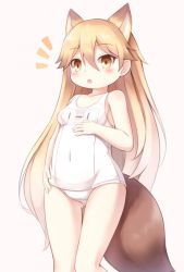 Rule 34 | 10s, 1girl, :o, alternate costume, animal ears, blonde hair, bloomers, blush, bow, collarbone, extra ears, ezo red fox (kemono friends), fox ears, fox tail, gradient hair, hair between eyes, hand on own hip, kemono friends, long hair, looking at viewer, matsuu (akiomoi), multicolored hair, one-piece swimsuit, pink bow, solo, swimsuit, tail, underwear, very long hair, white hair, white one-piece swimsuit, yellow eyes