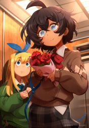 Rule 34 | 2girls, absurdres, ahoge, black hair, blind, blind girl (popopoka), blonde girl (popopoka), blonde hair, blue eyes, blue hairband, blue ribbon, bouquet, bow, bowtie, brown hair, brown sweater, cellphone, closed mouth, collared shirt, commentary, elevator, elevator door, english commentary, flower, freckles, frown, green sweater, hairband, highres, holding, holding bouquet, holding leash, holding phone, indoors, khyle., leash, long hair, long sleeves, medium hair, messy hair, multiple girls, no pupils, original, patreon logo, patreon username, phone, plaid, plaid skirt, red bow, ribbon, rose, shirt, short hair, sidelocks, skirt, smartphone, smile, sweater
