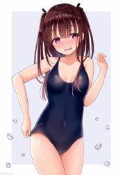 Rule 34 | 1girl, bare arms, bare shoulders, black bow, black one-piece swimsuit, blush, bow, breasts, brown hair, collarbone, commentary request, covered navel, grey background, hair between eyes, hair bow, hand up, head tilt, long hair, medium breasts, nose blush, one-piece swimsuit, original, parted lips, purple eyes, sakura hiyori, solo, swimsuit, two-tone background, two side up, water drop, white background