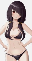 Rule 34 | 1girl, absurdres, bare arms, bare shoulders, bikini, black bikini, black hair, blush, breasts, cleavage, closed mouth, cowboy shot, date a live, diagonal bangs, hair over breasts, hair over one eye, hair over shoulder, hands on own hips, highres, long hair, looking at viewer, medium breasts, navel, one eye closed, red eyes, simple background, smile, solo, stomach, swimsuit, tokisaki kurumi, tti tti, twintails, white background