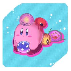 Rule 34 | aura, blood, blue eyes, blush stickers, chiimako, commentary request, dark mind, drawcia, drawcia soul, expressionless, extra eyes, eyeball, closed eyes, full body, kirby, kirby (series), nightmare (kirby), nintendo, no humans, one-eyed, open mouth, outline, pink outline, red eyes, shadow, simple background, sitting, sitting on person, smile, star (symbol), void termina, yellow eyes, zero (kirby), zero two (kirby)