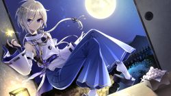 Rule 34 | 1girl, commentary request, dango, detached sleeves, fence, fingernails, food, indie virtual youtuber, japanese clothes, looking at viewer, moon, nail polish, night, night sky, platinum blonde hair, purple eyes, purple nails, renyl (vtuber), sea scorpion (umisasori), shoes, sky, socks, solo, susuki grass, tabi, tassel, tsukimi, tsukimi dango, virtual youtuber, wagashi, white socks