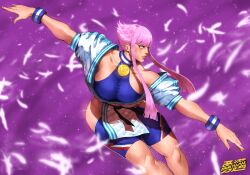 Rule 34 | 1girl, blue eyes, breast cutout, breasts, capcom, dougi, highres, hime cut, hip vent, large breasts, long hair, manon legrand, martial arts belt, medal, pink hair, sideboob, sideboob cutout, skin tight, solo, spandex, spunkyramaz, street fighter, street fighter 6, wristband