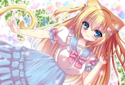 Rule 34 | 1girl, :3, animal ear fluff, animal ears, blonde hair, blue hair, blush, cat ears, cat girl, cat tail, dress, frills, gradient eyes, hair ornament, hairclip, hand up, heart, heart hair ornament, highres, hinao, impossible clothes, long hair, looking at viewer, multicolored eyes, \\n/, neck ribbon, original, outline, outstretched arm, plant, puffy short sleeves, puffy sleeves, purple eyes, ribbon, sailor collar, sailor dress, short sleeves, smile, solo, sparkle, tail, twintails, two side up, very long hair, vines, white outline