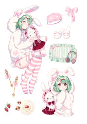 Rule 34 | 1girl, absurdres, animal ears, animal hood, aqua hair, blush, blush stickers, bonnet, bow, checkerboard cookie, closed eyes, cookie, doily, fake animal ears, food, fork, frilled pillow, frills, fruit, fur, hair ornament, hand on own chin, headphones, highres, holding, holding stuffed toy, hood, long sleeves, multiple views, no shoes, original, pajamas, paw print, pillow, pink bow, rabbit hood, rabbit tail, red eyes, simple background, sleep mask, sleeping, slippers, spoon, strawberry, striped clothes, striped thighhighs, stuffed animal, stuffed rabbit, stuffed toy, tail, thighhighs, wavy mouth, white background, x hair ornament, yuzhi