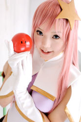 Rule 34 | 1girl, asian, blue eyes, color contacts, cosplay, gloves, gundam, gundam seed, haro, indoors, kipi-san, long hair, looking at viewer, meer campbell, meer campbell (cosplay), mole, photo (medium), pink hair, solo, white gloves