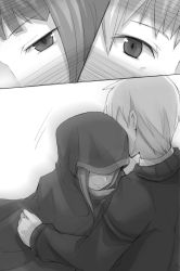 Rule 34 | 1boy, 1girl, ayakura juu, cape, couple, craft lawrence, eye contact, greyscale, holo, hood, hood over eyes, hooded, long hair, looking at another, monochrome, monochrome, novel illustration, official art, smile, spice and wolf