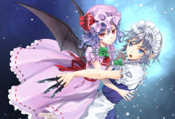 Rule 34 | 2girls, apron, ascot, bat wings, between fingers, blue eyes, bow, braid, commentary request, dress, hair bow, hat, holding, holding hands, izayoi sakuya, knife, kyuu umi, light purple hair, maid headdress, mob cap, multiple girls, nail polish, open mouth, petticoat, pink dress, pink headwear, red ascot, red eyes, remilia scarlet, short sleeves, silver hair, star (symbol), starry background, touhou, twin braids, waist apron, wings