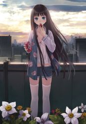 Rule 34 | 1girl, balcony, black hair, blue eyes, blunt bangs, building, camisole, can, city, dr pepper, drink can, flower, food, fruit, highres, holding, holding food, holding fruit, kami-sama no memo-chou, kishida mel, long hair, midriff, shionji yuuko, short shorts, shorts, soda, soda can, solo, standing, strawberry, sunset, thighhighs, very long hair, white thighhighs