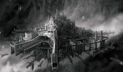 Rule 34 | architecture, battleship, building, castle, city, cityscape, fleet, floating castle, floating city, floating island, glowing windows, gothic architecture, greyscale, highres, megastructure, military vehicle, monochrome, no humans, scenery, science fiction, ship, space, space station, spacecraft, spire, star (sky), tower, warhammer 40k, warship, watercraft