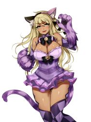 Rule 34 | &gt;:3, 1girl, :3, animal ears, animal hands, argyle, argyle clothes, argyle legwear, bad id, bare shoulders, bell, blonde hair, bow, bowtie, breasts, cat ears, cat tail, cheshire cat (monster girl encyclopedia), claws, cleavage, eyes visible through hair, fake animal ears, fang, fur, green eyes, hair bow, hair ornament, hairband, hairclip, highres, jingle bell, large breasts, layered skirt, long hair, looking at viewer, monster girl, monster girl encyclopedia, purple thighhighs, simple background, skirt, solo, tail, terupancake, thighhighs, thighs, v-shaped eyebrows, very long hair, white background