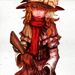 Rule 34 | 1girl, blonde hair, bolt action, braid, capelet, carbine, female focus, gloves, gun, hat, highres, kirisame marisa, perfect cherry blossom, rifle, scarf, solo, steam, touhou, weapon, witch, witch hat, yellow eyes